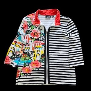 Onque Size Large Casual Front Zipper Jacket featuring A Floral & Striped Design